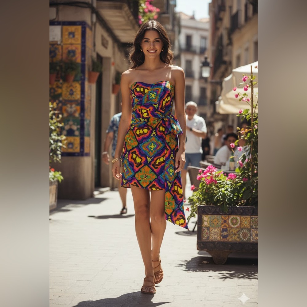 🎀RODEBJER silk  Bologna rihad strapless colourful wrap dress SMALL